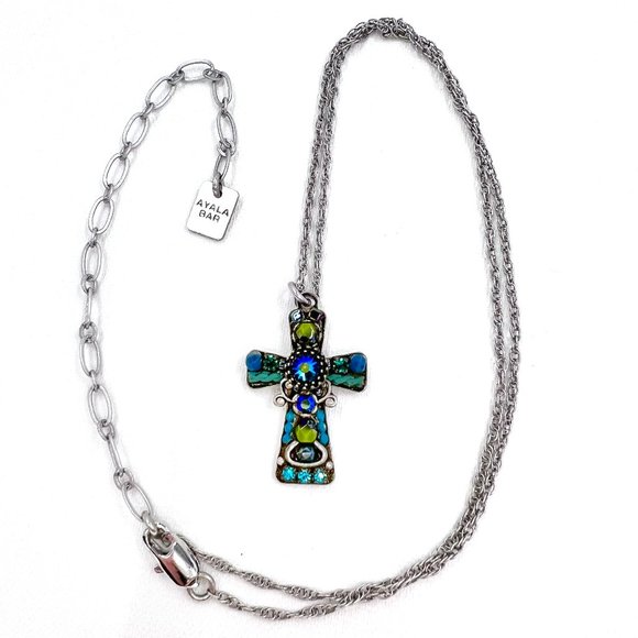 Ayala Barr Jewelry - Ayala Bar - Artfully Designed Green/Blue Cross Pendant Silver Tone 15” Necklace